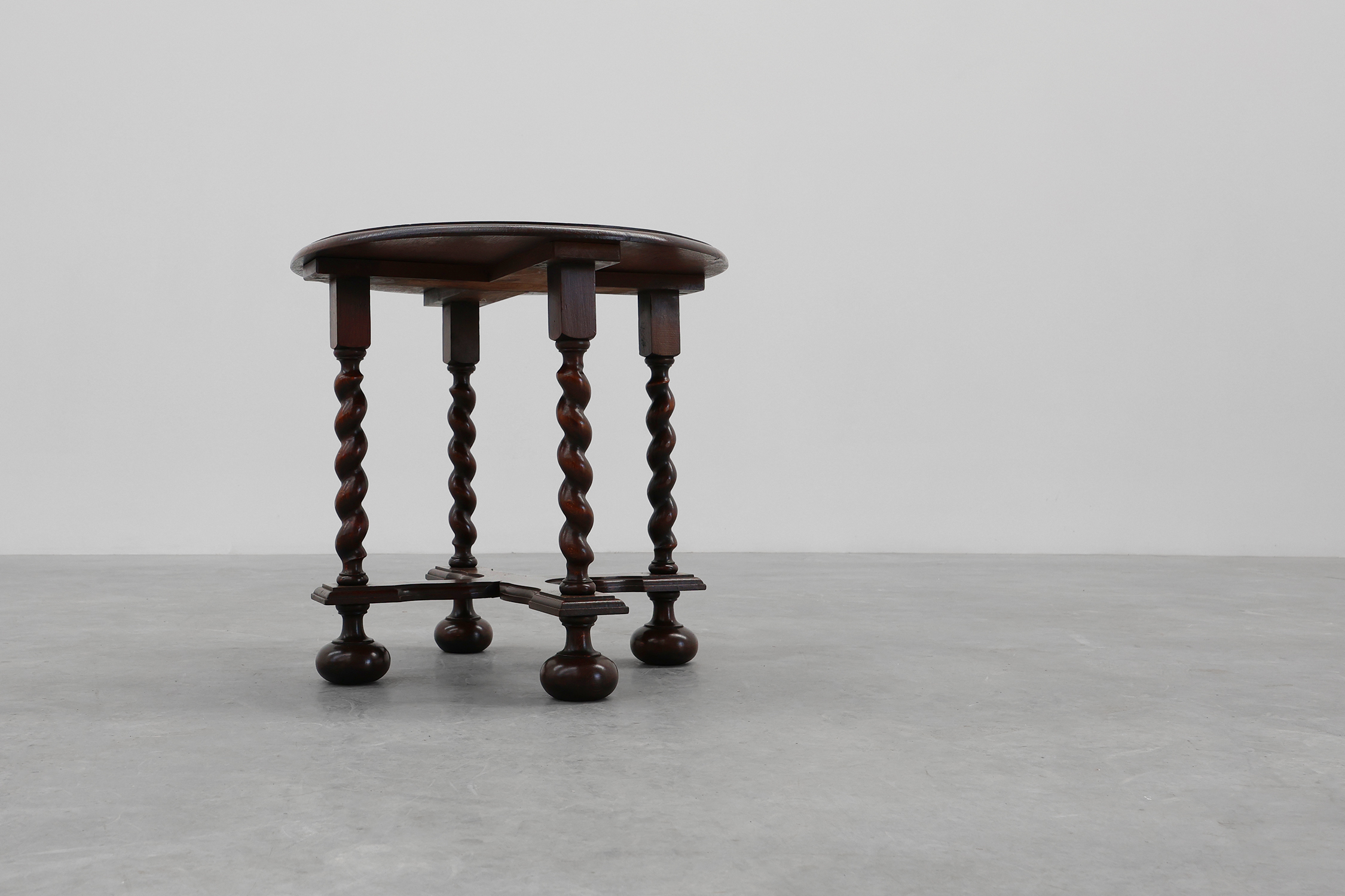 Rustic round barley twist oak side table, France 1950sthumbnail